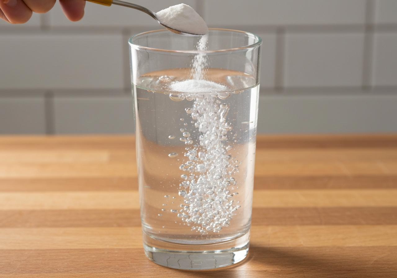 Bicarbonate de soude dans verre d'eau sur plan de travail