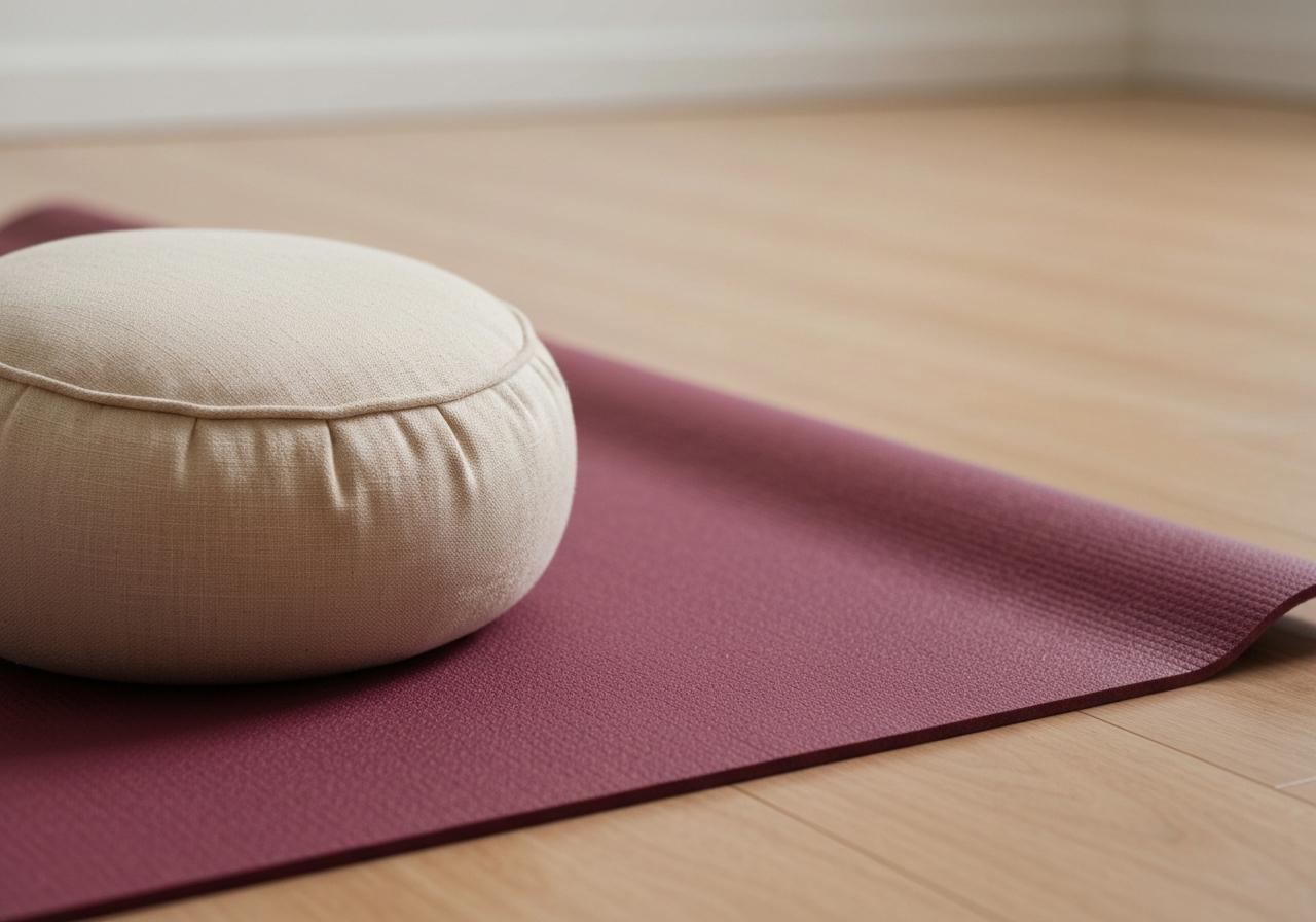 Coussin de méditation zafu sur tapis de yoga