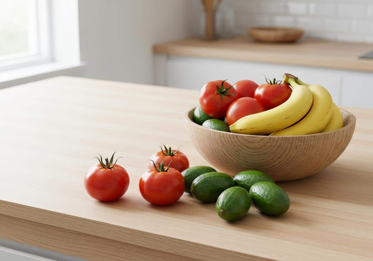 Corbeille de fruits tomates avocats bananes température ambiante