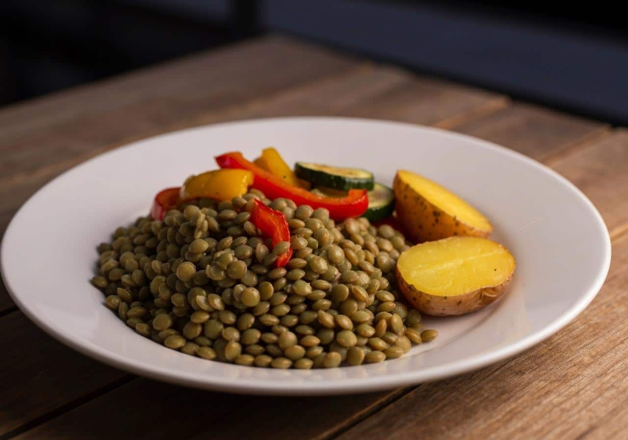 Assiette de légumineuses et légumes verts le soir