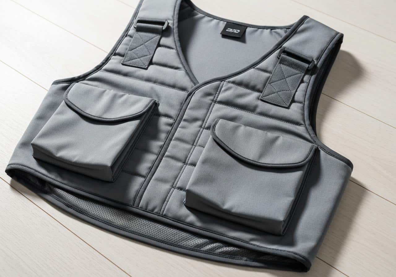 Gilet lesté posé sur surface en bois, vue de face