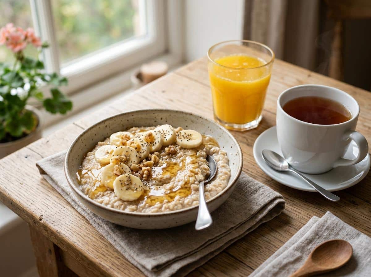 Petit-déjeuner sain avec flocons d'avoine, banane et miel